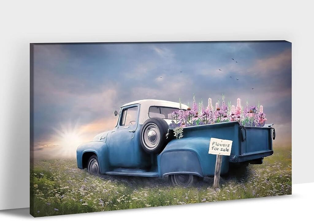 Old Truck Flower Picture Wall Art - Blue Old Truc