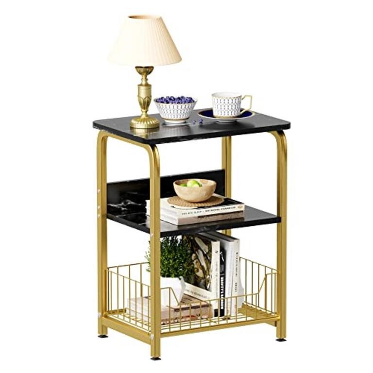 aboxoo End Table Black Marble Storage Nightstand