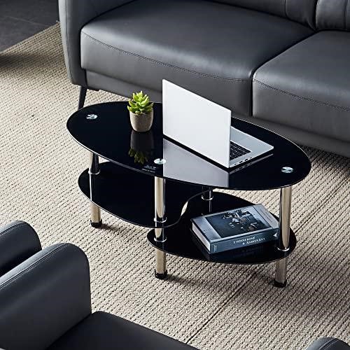 Oval-Shaped Glass Tea Table for Office, 3-Tier Mo