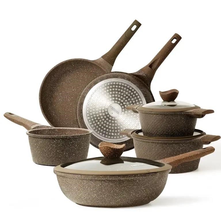 Carote Nonstick Granite Cookware Sets, 9 Pcs Brown